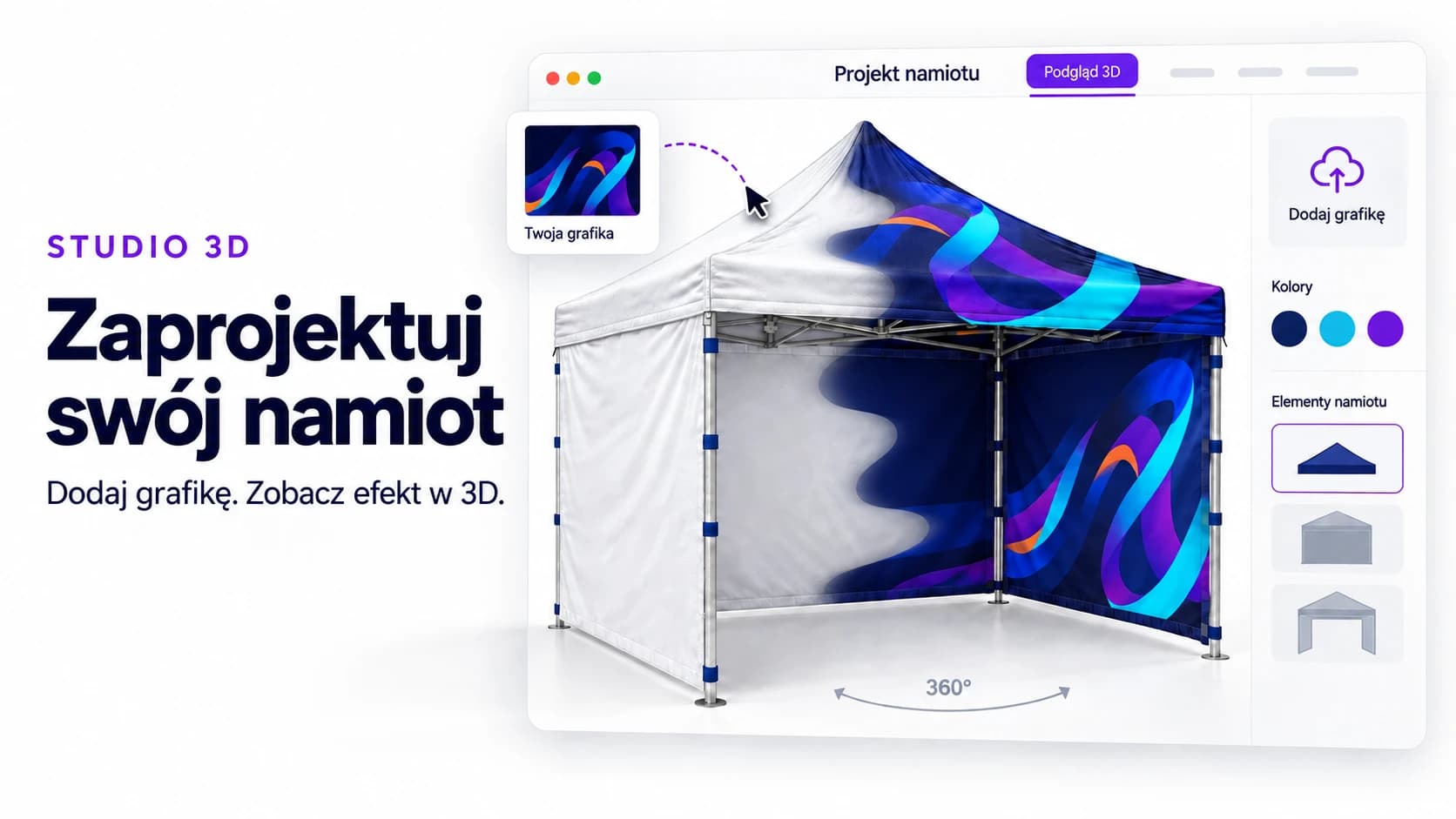 Model 3D namiotu reklamowego z nadrukiem w konfiguratorze Studio 3D