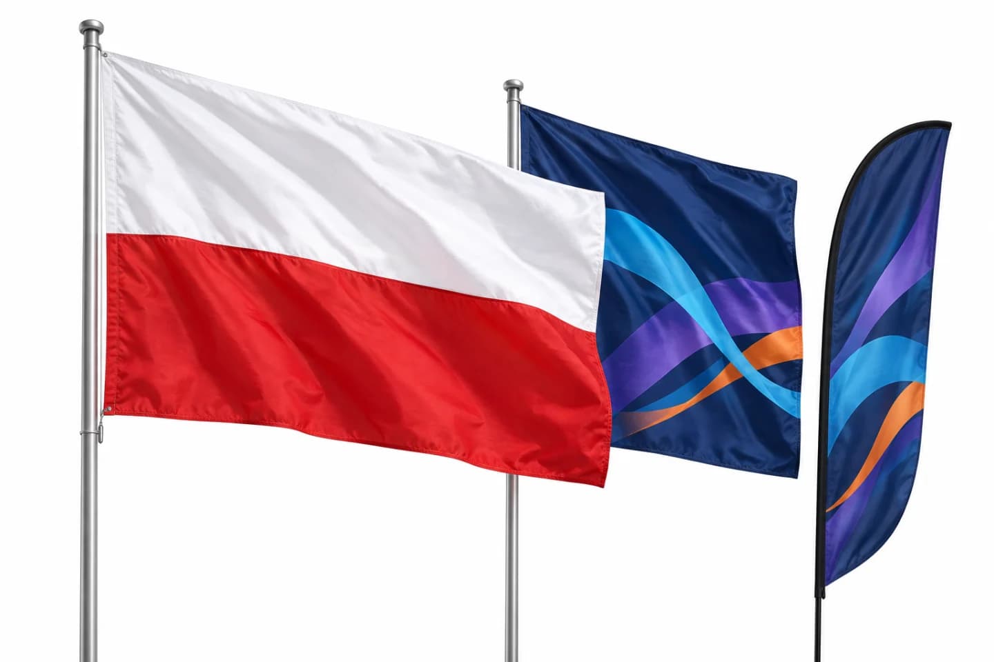 Bielo-červená poľská vlajka, firemná vlajka a beachflag s farebnou grafikou na bielom pozadí