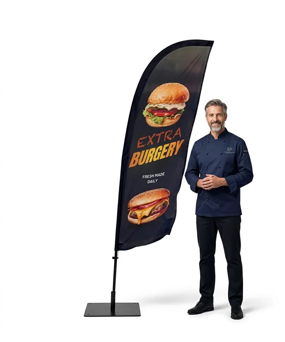 Reklamná vlajka Winder – Hamburgery fast food – vzor 1 – konfigurovateľná súprava