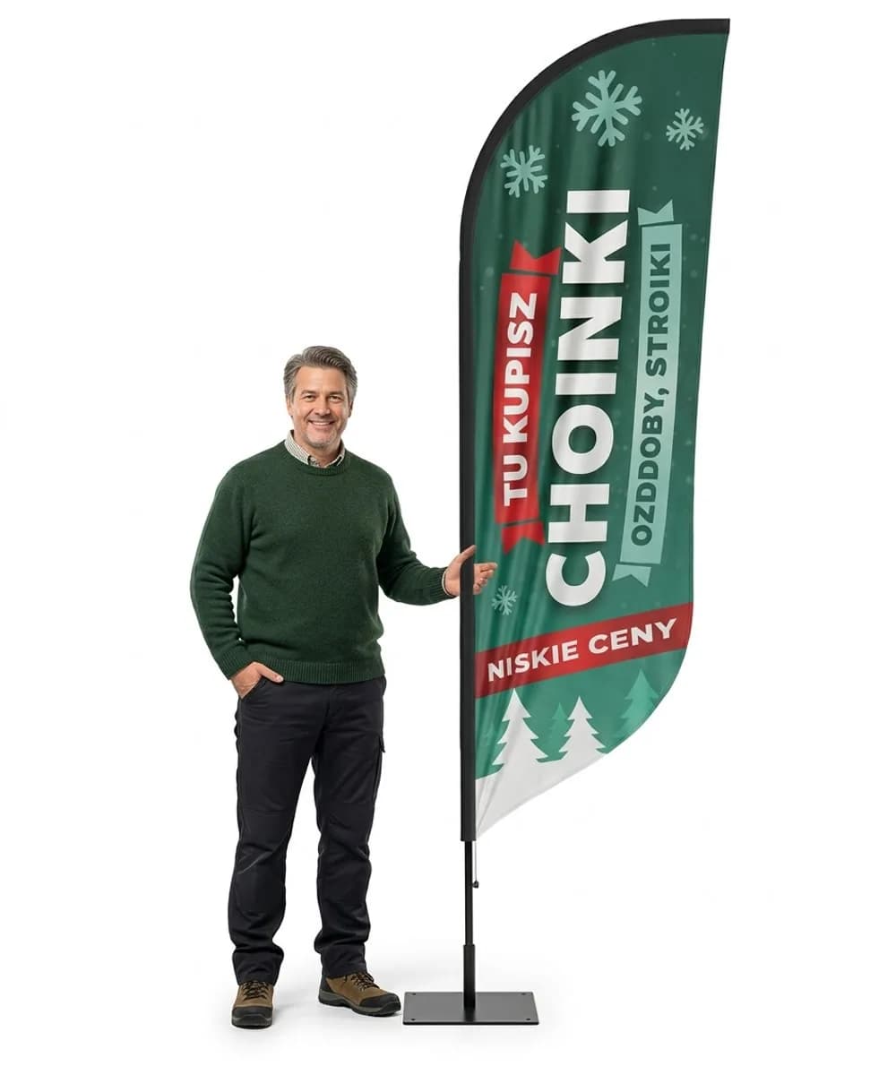 Reklamná vlajka Winder – Predaj vianočných stromčekov reklama – vzor 2 – konfigurovateľná sada
