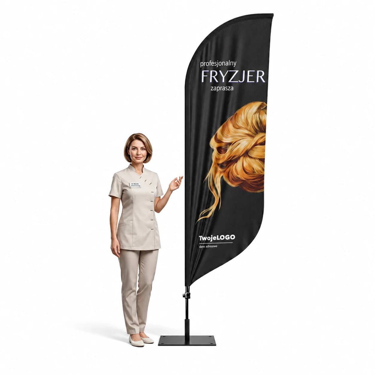 Reklamná vlajka Winder – Kaderník beauty reklama – vzor 7 – konfigurovateľná súprava