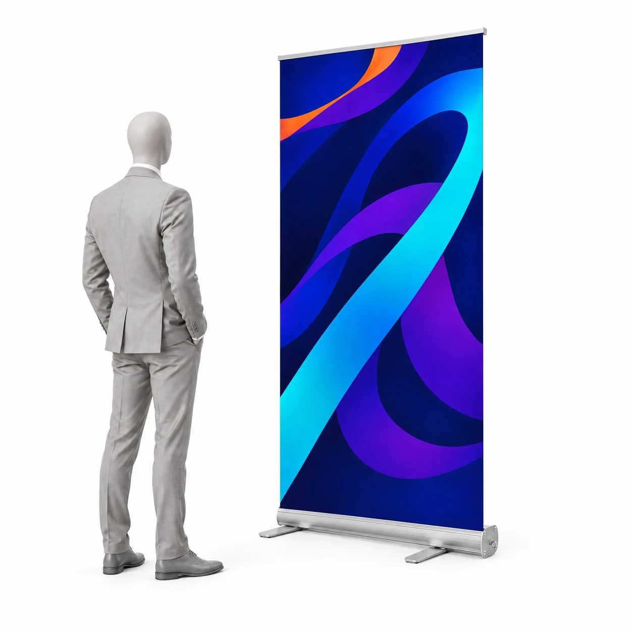 Roll-up Standard 85 × 200 cm s ukážkovou grafikou vedľa siluety človeka